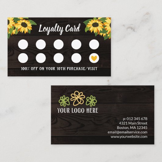 Rustieke Zonnebloemen Hout Graan Geel Hart 10e Klantenkaartje (Voorkant / Achterkant)