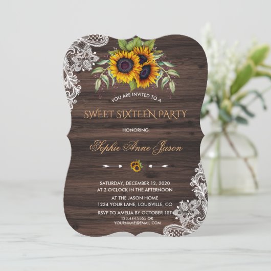 Rustieke Zonnebloemen Houten Sweet Sixteen Feest Kaart (Staand voorkant)