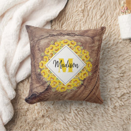 Rustieke zonnebloemen & houtstructuur monogram kussen