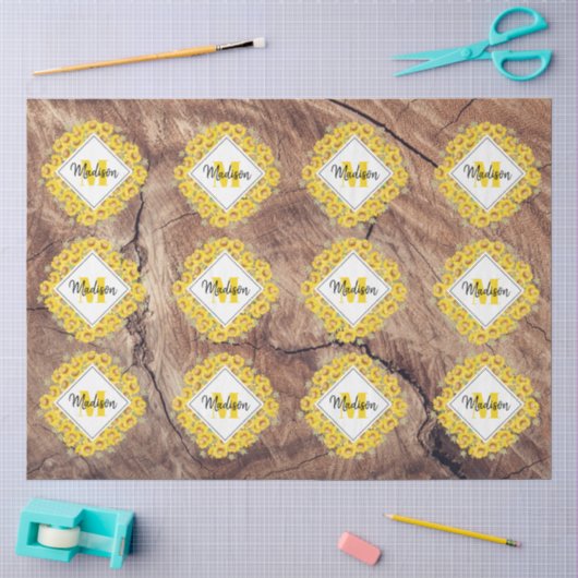 Rustieke zonnebloemen & houtstructuur monogram tissuepapier (Craft)