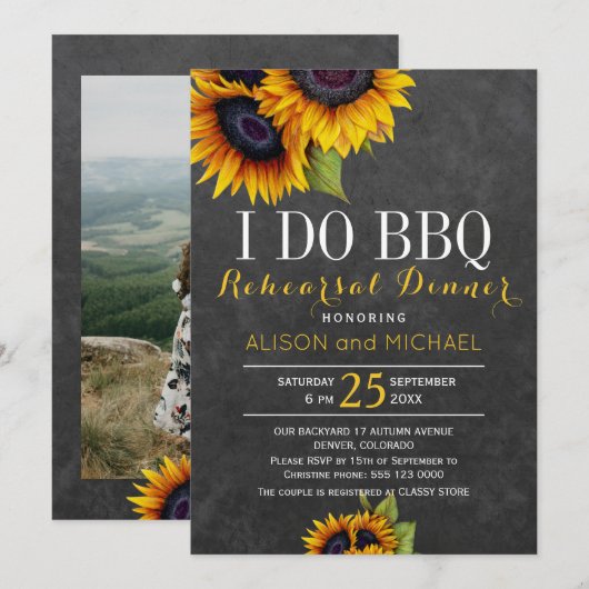 Rustieke zonnebloemen i do bbq repetitie diner fot kaart (Voorkant / Achterkant)