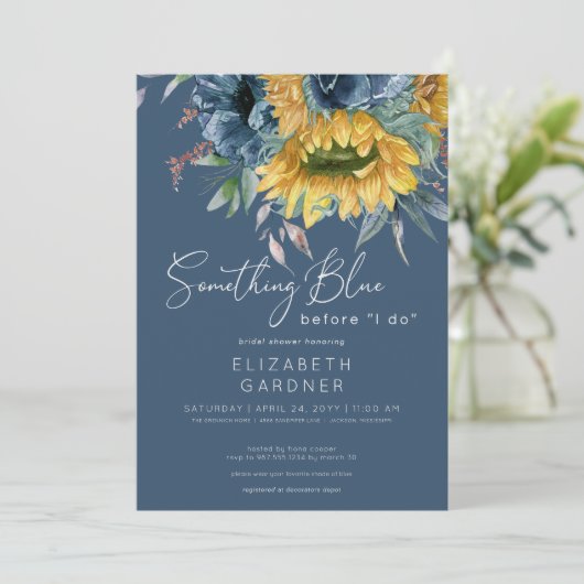 Rustieke zonnebloemen iets blauw bruids douche kaart (Staand voorkant)