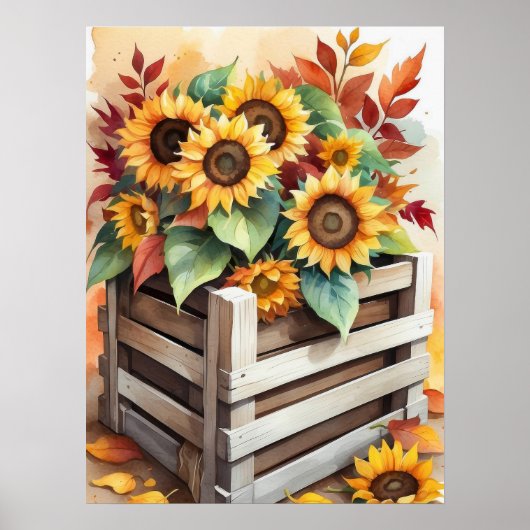 Rustieke Zonnebloemen in Crate Autumn Wall Poster (Voorkant)