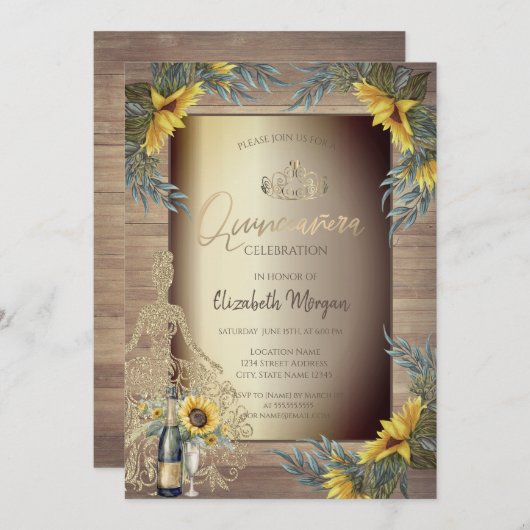 Rustieke zonnebloemen jurk hout quinceañera kaart (Voorkant / Achterkant)