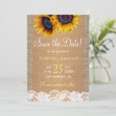 Rustieke zonnebloemen jute en kant FOTO bruiloft Save The Date (Staand voorkant)