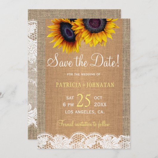 Rustieke zonnebloemen jute en kant FOTO bruiloft Save The Date (Voorkant / Achterkant)