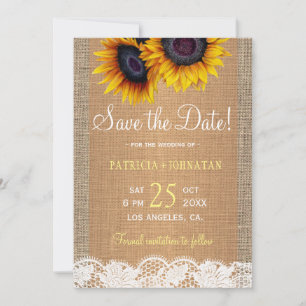 Rustieke zonnebloemen jute en kant FOTO bruiloft Save The Date