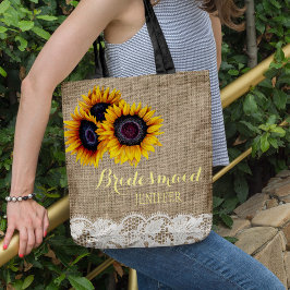 Rustieke zonnebloemen jute lace bruiloft bruidsmei tote bag