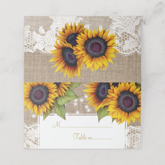 Rustieke zonnebloemen jute lace trouwtafel plaats plaatskaartje (Buitenkant ongevouwen)