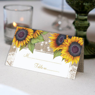 Rustieke zonnebloemen jute lace trouwtafel plaats plaatskaartje