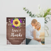 Rustieke Zonnebloemen Kant Paarse Bloemen Bruiloft Bedankkaart (Staand voorkant)