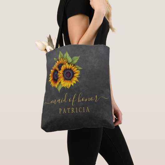Rustieke zonnebloemen krijtbord bruiloft meid of e tote bag (Dichtbij)