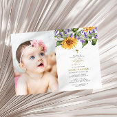 Rustieke zonnebloemen & lavander foto doop kaart