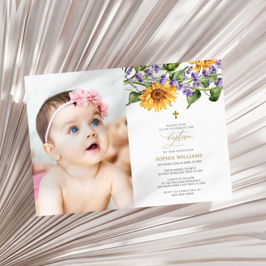 Rustieke zonnebloemen & lavander foto doop kaart