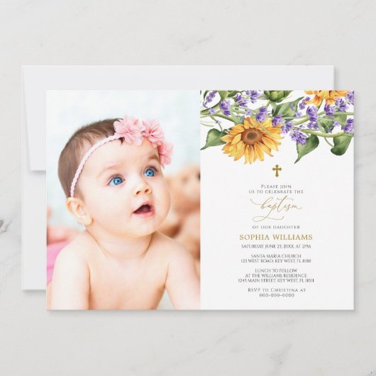 Rustieke zonnebloemen & lavander foto doop kaart (Voorkant)