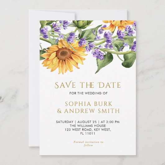 Rustieke Zonnebloemen & Lavander Save the Date Kaart (Voorkant)