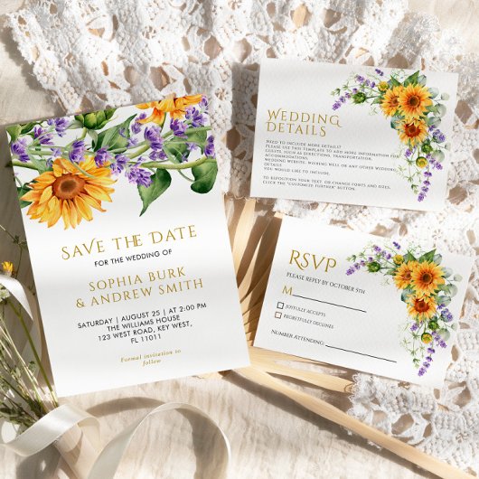 Rustieke Zonnebloemen & Lavander Save the Date Kaart