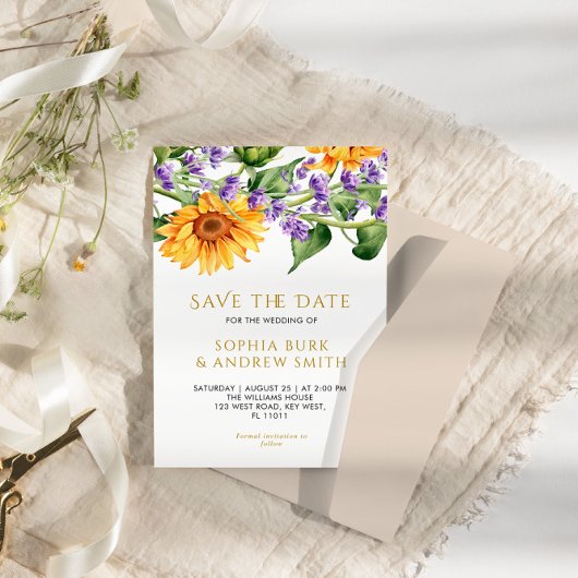 Rustieke Zonnebloemen & Lavander Save the Date Kaart