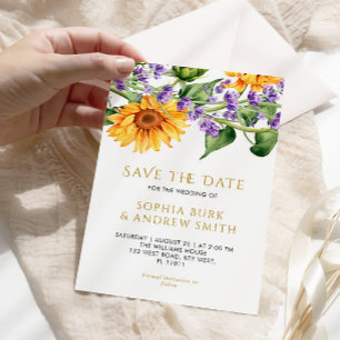 Rustieke Zonnebloemen & Lavander Save the Date Kaart