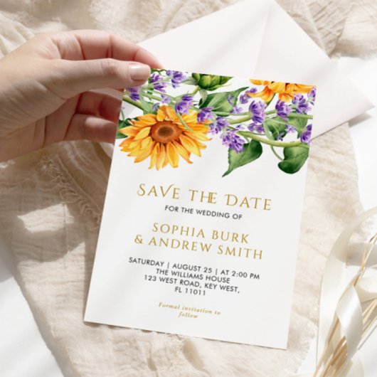 Rustieke Zonnebloemen & Lavander Save the Date Kaart