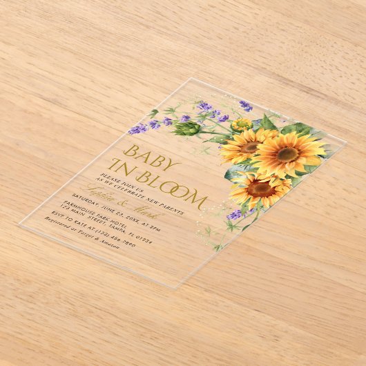 Rustieke Zonnebloemen & Lavendel Baby in bloei Acryl Uitnodigingen (Laagn)
