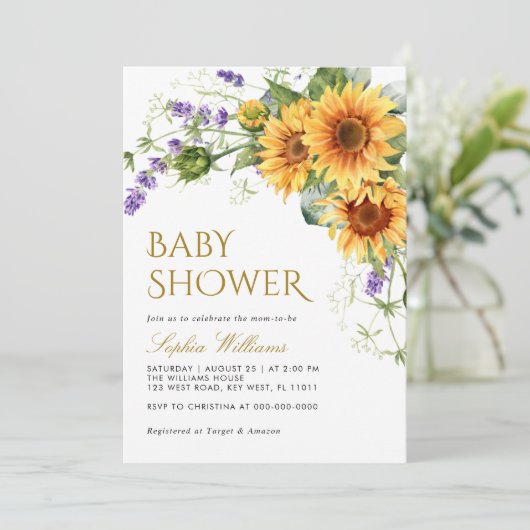 Rustieke Zonnebloemen & Lavendel Baby shower Kaart (Staand voorkant)