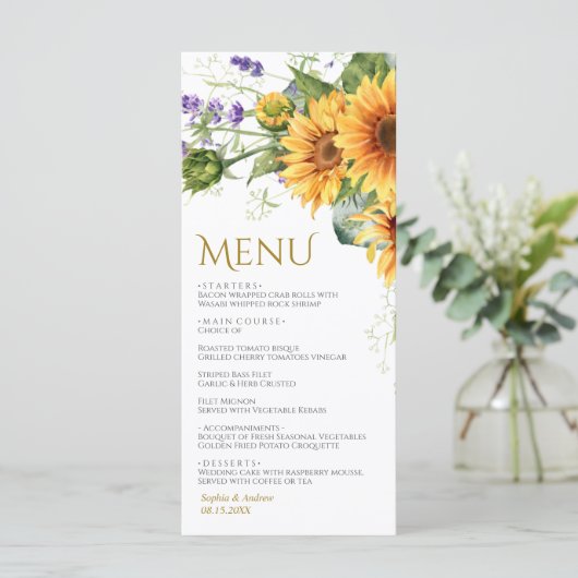 Rustieke Zonnebloemen & Lavendel Bruiloft Menu (Staand voorkant)