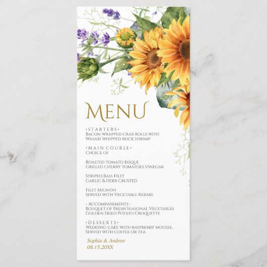 Rustieke Zonnebloemen & Lavendel Bruiloft Menu (Voorkant)