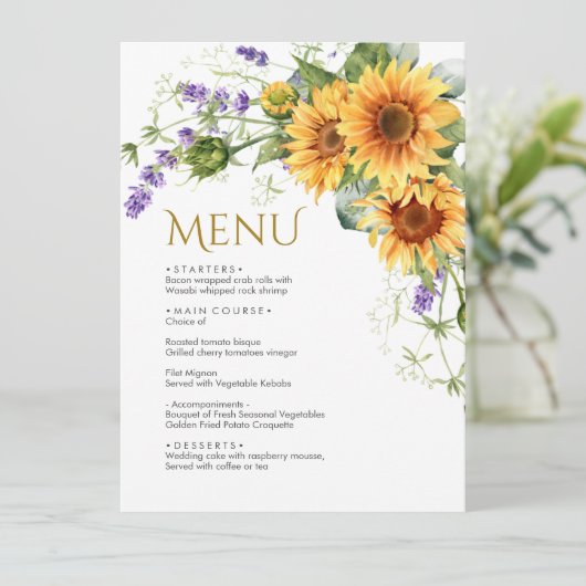 Rustieke Zonnebloemen & Lavendel Bruiloft Menu (Staand voorkant)