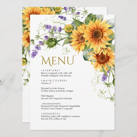 Rustieke Zonnebloemen & Lavendel Bruiloft Menu (Voorkant / Achterkant)