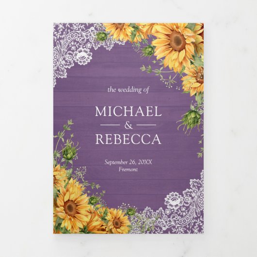 Rustieke Zonnebloemen Lavendel Hout QR Code Huweli Drieluik Uitnodiging (Cover)