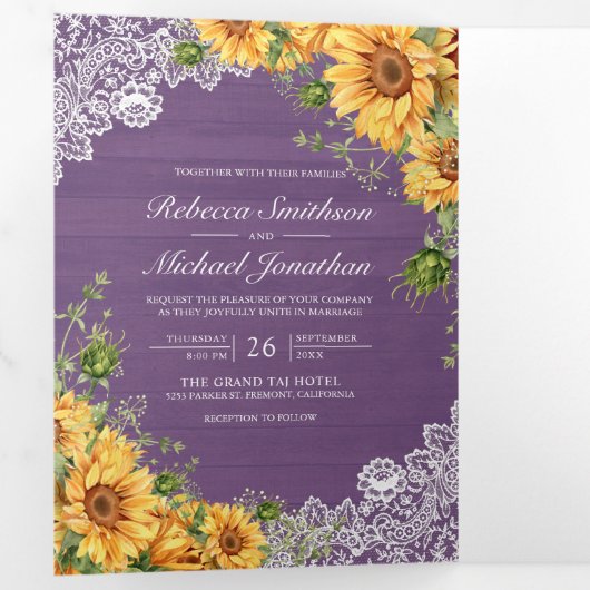 Rustieke Zonnebloemen Lavendel Hout QR Code Huweli Drieluik Uitnodiging (Binnenzijde eerst)