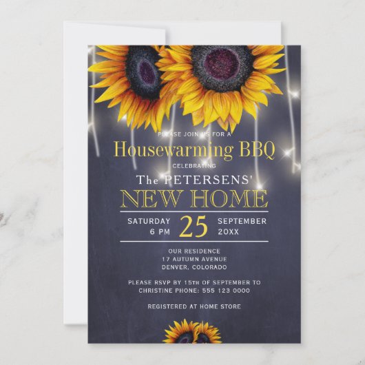 Rustieke zonnebloemen lichten housewarming bbq kaart (Voorkant)