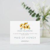 Rustieke Zonnebloemen Maid of Honor Verzoek Briefkaart (Staand voorkant)