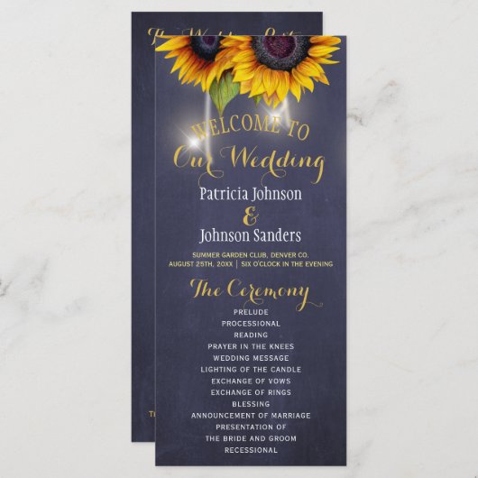 Rustieke zonnebloemen navy blauw bruiloft programm programmakaart (Voorkant / Achterkant)
