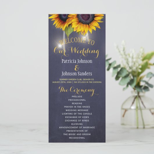 Rustieke zonnebloemen navy blauw bruiloft programm programmakaart (Staand voorkant)