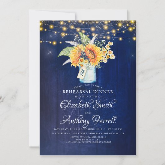 Rustieke zonnebloemen Navy Blue repetitie diner Kaart (Voorkant)