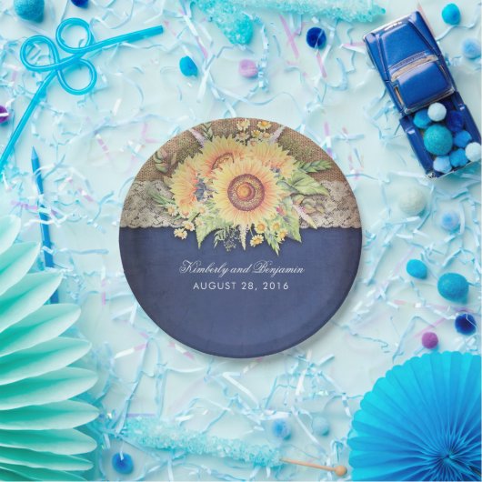 Rustieke zonnebloemen Navy bruiloft Papieren Bordje (Feest)