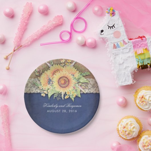 Rustieke zonnebloemen Navy bruiloft Papieren Bordje (Feest)