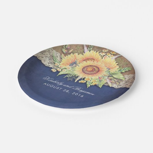 Rustieke zonnebloemen Navy bruiloft Papieren Bordje (Gekanteld)