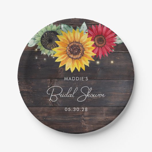 Rustieke zonnebloemen op boerderijhouten bruidssho papieren bordje (Voorkant)