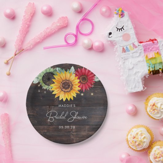 Rustieke zonnebloemen op boerenschuur bruids-showe papieren bordje (Feest)