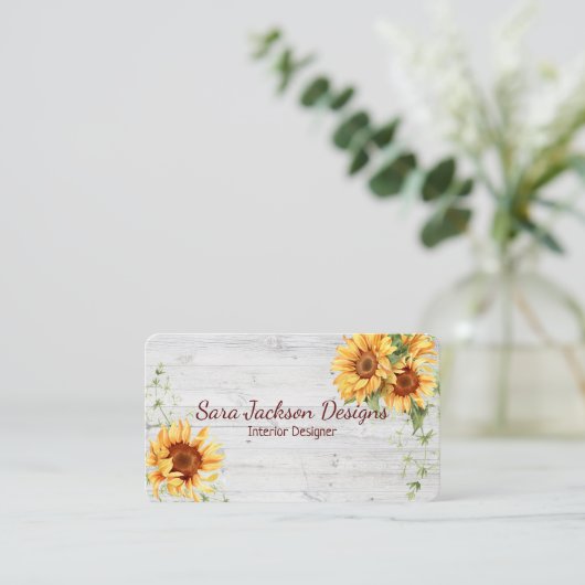 Rustieke zonnebloemen op hout met QR-code Visitekaartje (Staand voorkant)