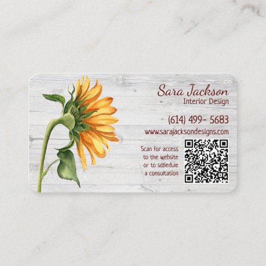 Rustieke zonnebloemen op hout met QR-code Visitekaartje (Achterkant)