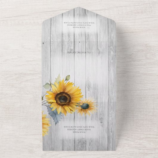 Rustieke zonnebloemen op verweerd wit hout QR-code All In One Uitnodiging (Buitenkant)