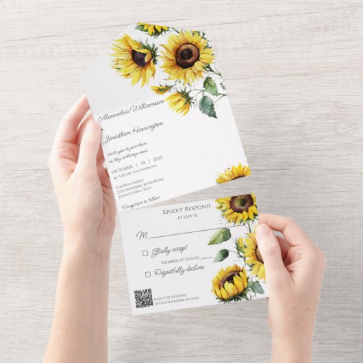Rustieke zonnebloemen op wit met QR-code All In One Uitnodiging (Afscheurbaar)