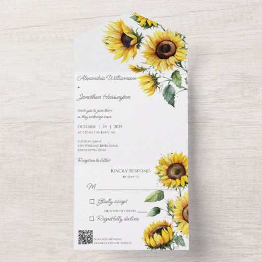Rustieke zonnebloemen op wit met QR-code All In One Uitnodiging (Binnen)