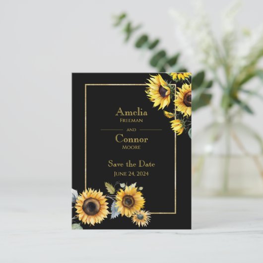 Rustieke zonnebloemen op zwart Save the Date Brief Briefkaart (Staand voorkant)