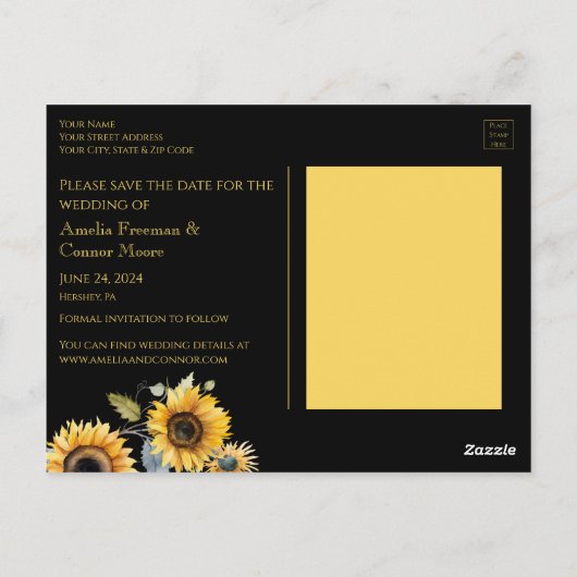 Rustieke zonnebloemen op zwart Save the Date Brief Briefkaart (Achterkant)