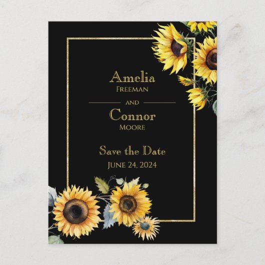 Rustieke zonnebloemen op zwart Save the Date Brief Briefkaart (Voorkant)